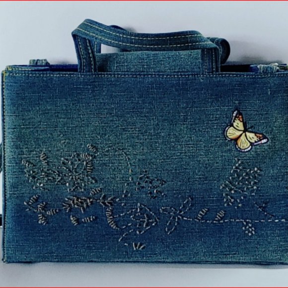 Denim Purse Beaded Long Strap & Bucket Handles Embroidered Butterfly Faded Denim - Picture 1 of 4